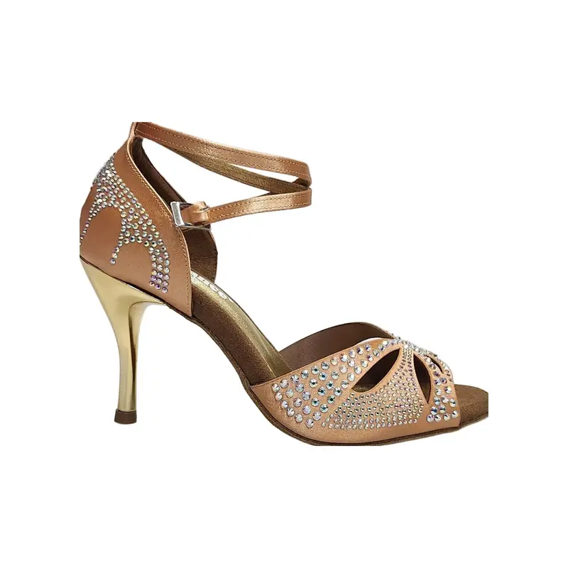 Deluxe Butterfly (L2) - Scarpa da Ballo Salsa in Raso Seta Carne Flash con Swarovski Boreali Tacco a Spillo Laminato Oro