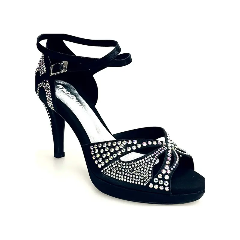 Deluxe Butterfly (LP2) - Scarpa da Ballo Salsa in Raso Seta Nera con Swarovski Tacco Basso a Spillo Largo e Plateau Flex