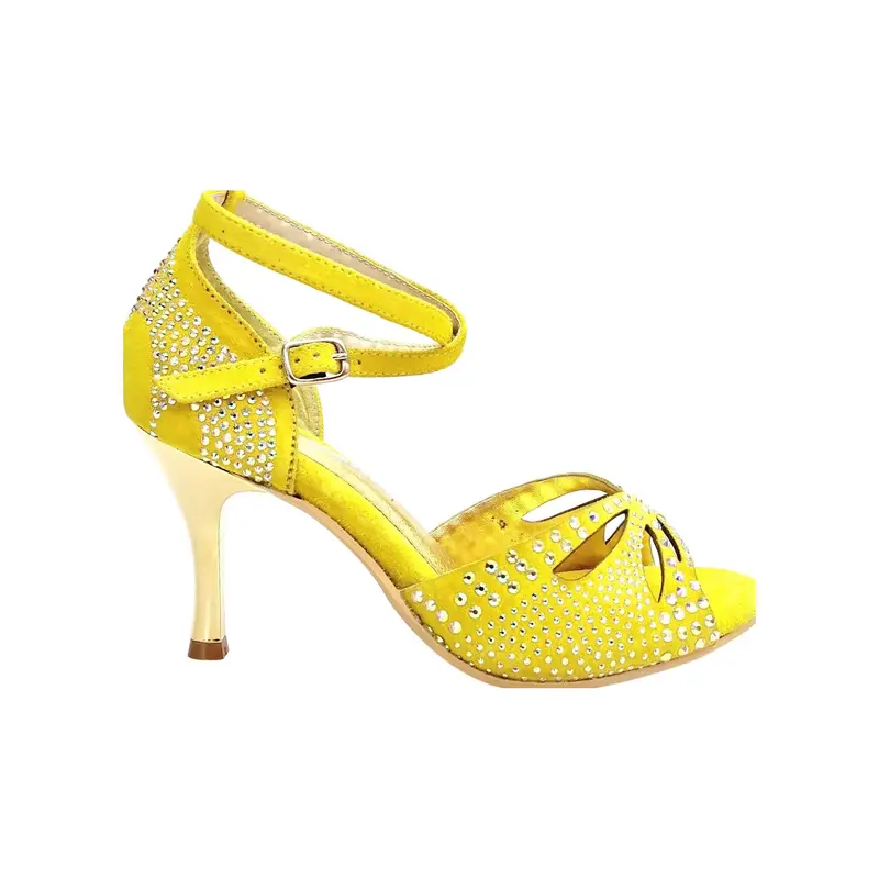 Deluxe Butterfly PW (L2PW) - Scarpa da Ballo Latino Americano in Pelle Camosciata Giallo Fluò con Swarovski Boreali e Tacco a Stiletto e a Spillo Laminato Oro