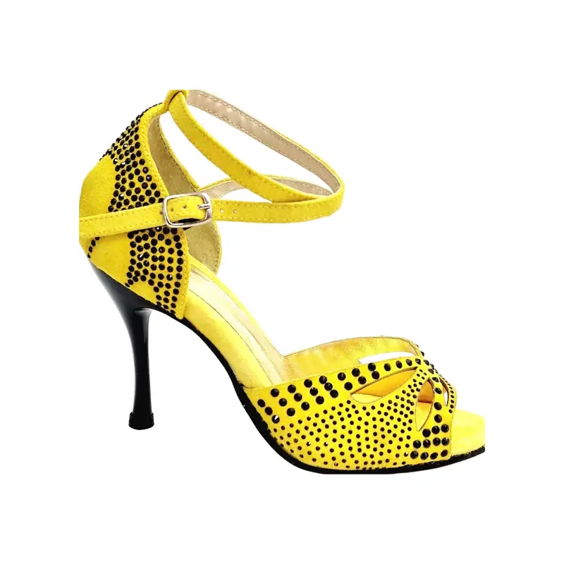 Deluxe Butterfly PW (L2PW) - Scarpa da Ballo Latino Americano in Pelle Camosciata Giallo Fluò con Swarovski Neri Tacco Stiletto e a Spillo Smaltato Nero