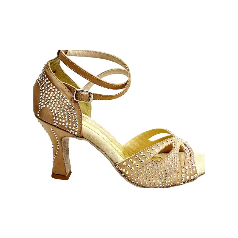 Deluxe Butterfly PW (L2PW) - Scarpa da Ballo Latino Americano in Raso Seta color Champagne con Swarovski Boreali Tacco a Rocchetto Basso