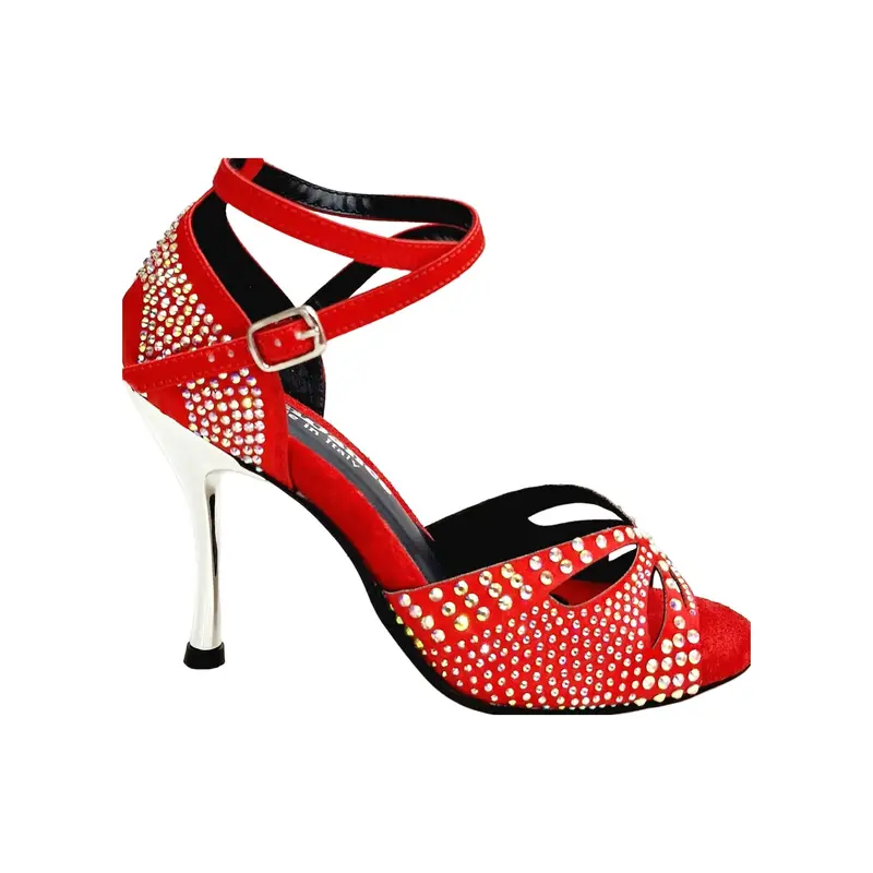 Deluxe Butterfly PW (L2PW) - Scarpa da Ballo Latino Americano in Raso Seta Rosso con Swarovski Boreali e Tacco a Stiletto e a Spillo Laminato Argento