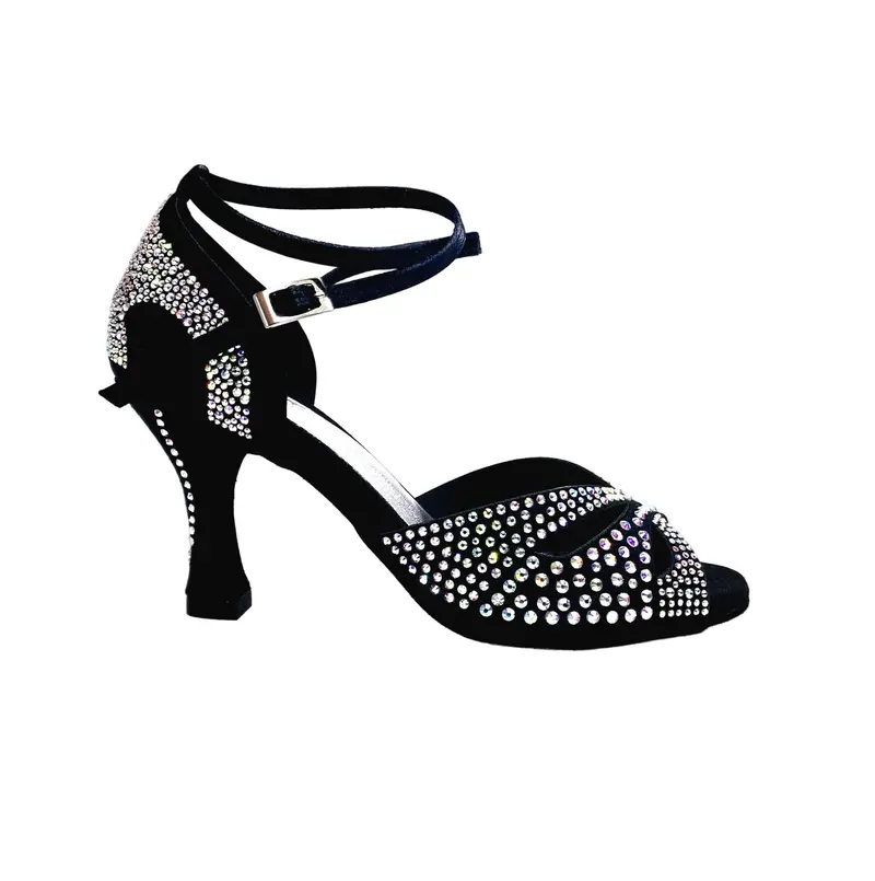 DELUXE MARIPOSA (L102 QB) - Scarpa da Ballo Latino Americano Donna in Raso Seta Nera con Swarovski con Cinturino incrociato alla Caviglia e Tacco a Rocchetto
