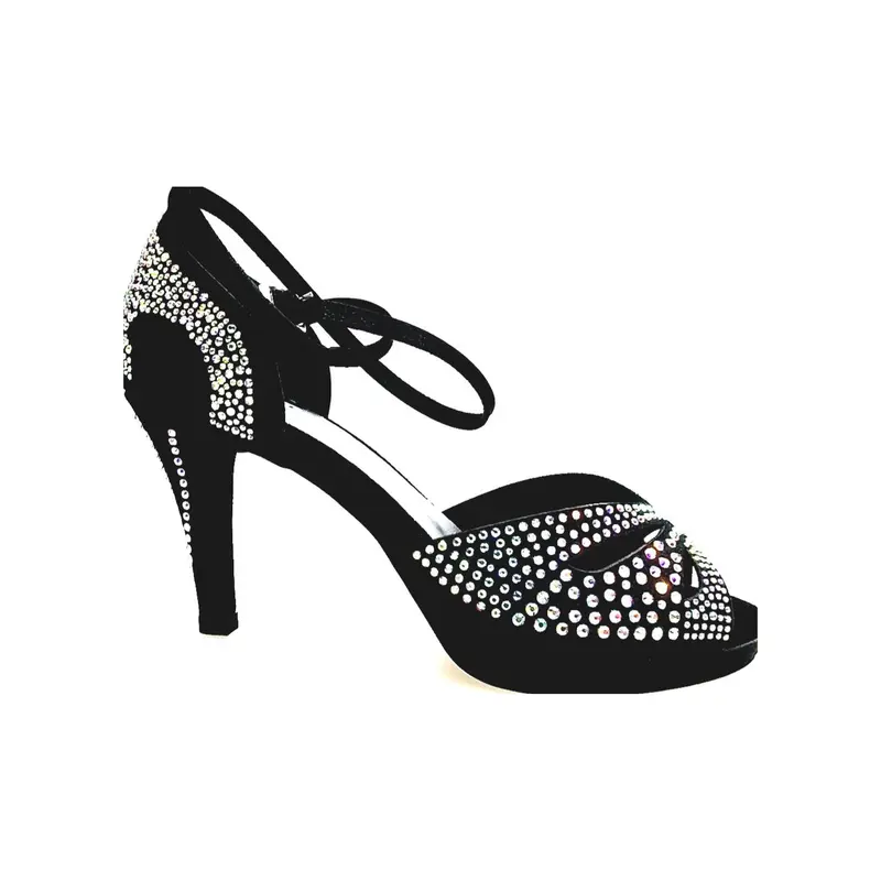 DELUXE MARIPOSA (LP102) - Scarpa da Ballo Latino Americano in Raso Seta Nera con Swarovski Boreali Plateau Flex e Tacco Basso a Spillo Largo