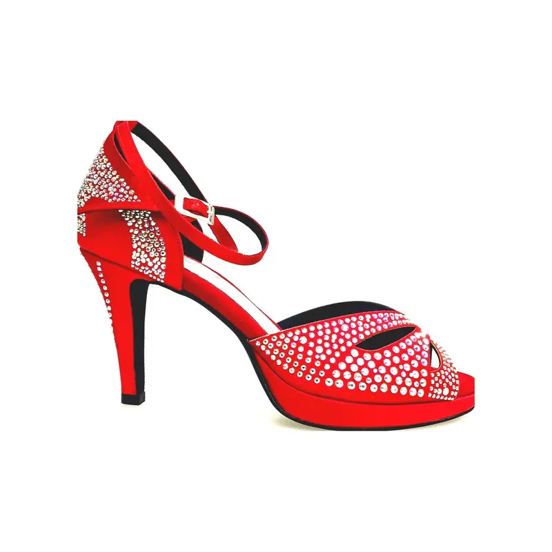 DELUXE MARIPOSA (LP102) - Scarpa da Ballo Salsa in Raso Seta Rosso Intenso con Swarovski Boreali Plateau Confort Flex e Tacco basso a Spillo Largo