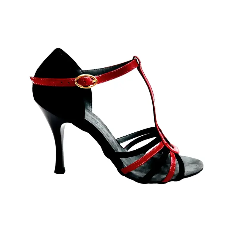 DILETTA (R.L. T114 By WISH DANCE ) - Sandalo da Ballo Latino Americano Donna in Camoscio Nero Strisce sulla Pianta in Camoscio Nero e Vernice Rossa  con Tacco a Rocchettino Sottile Smaltato Nero
