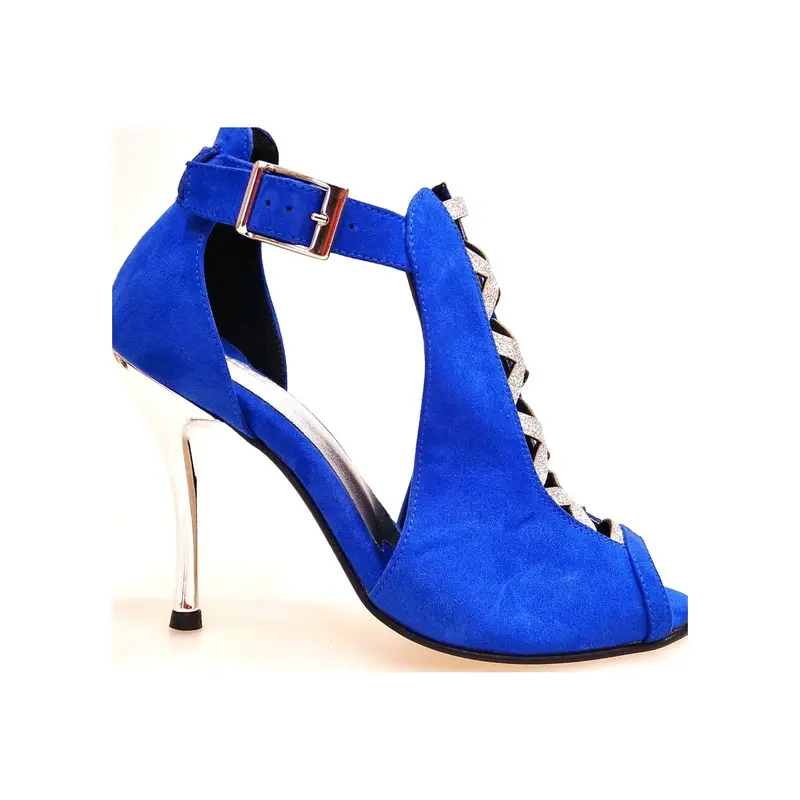 DINKA (2304) -  Scarpa da Ballo Salsa Donna in Camoscio Blu Royal inserto collopiede in Glitter Argento Tacco a Spillo Laminato Argento