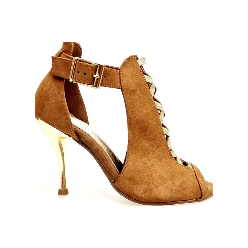 DINKA (2304) -  Scarpa da Ballo Salsa Donna in Camoscio Cognac inserto collopiede in Glitter Oro Light Tacco a Spillo Laminato Oro
