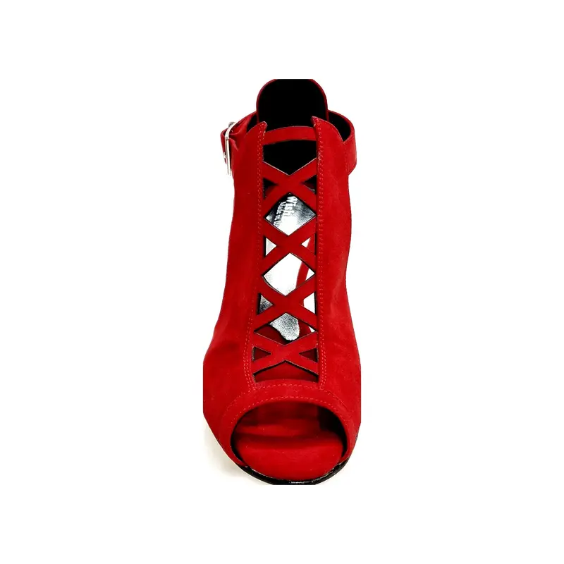 DINKA (2304) -  Scarpa da Ballo Salsa Donna in Camoscio Rosso e Tacco a Stiletto Squadrato Sottile in Alluminio Laminato Argento