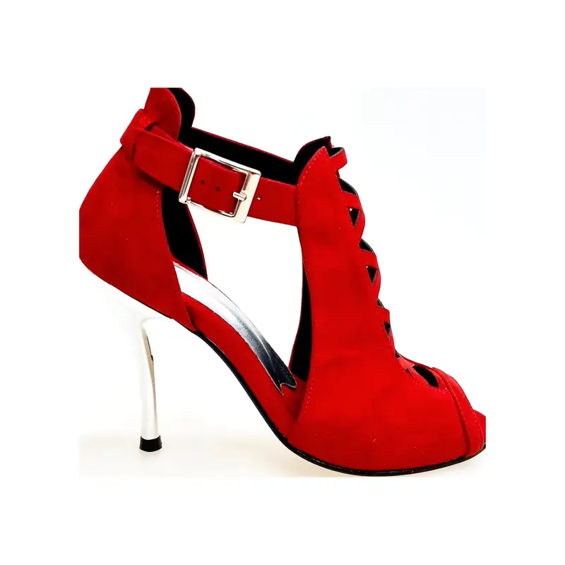 DINKA Plus (2304) -  Scarpa da Ballo Salsa Donna in Camoscio Rosso Vivo inserto collopiede in Camoscio Rosso Vivo Tacco a Spillo Laminato Argento