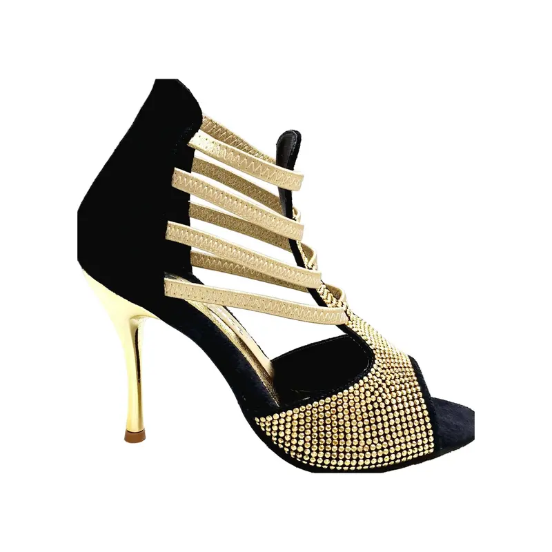 DORA (460PW)  Sandalo da Ballo Latino Americano Donna in Camoscio Nero Elastici Oro con Livrea in borchiette Oro e tacco a spillo laminato Oro