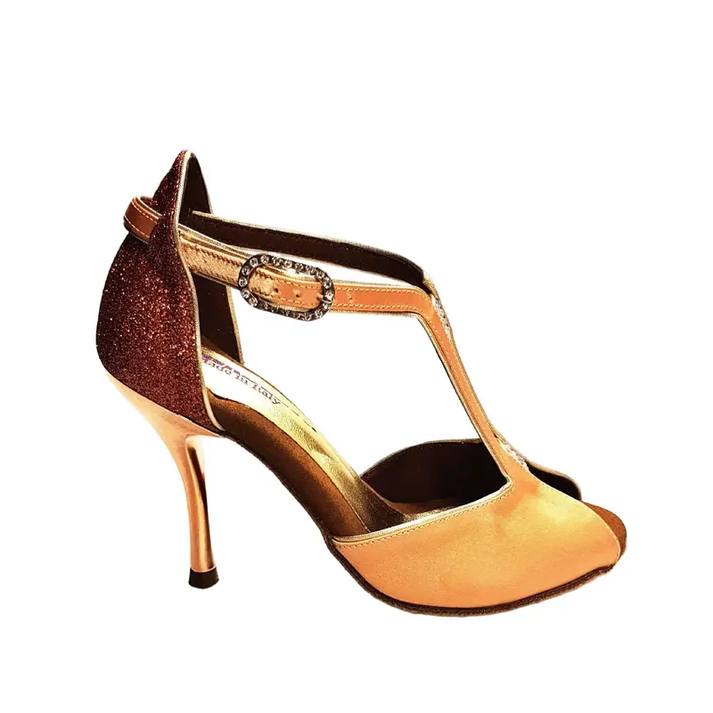 ELIDE (401) - Scarpa da Ballo Salsa Donna in Raso Seta Carne e Glitter Tan