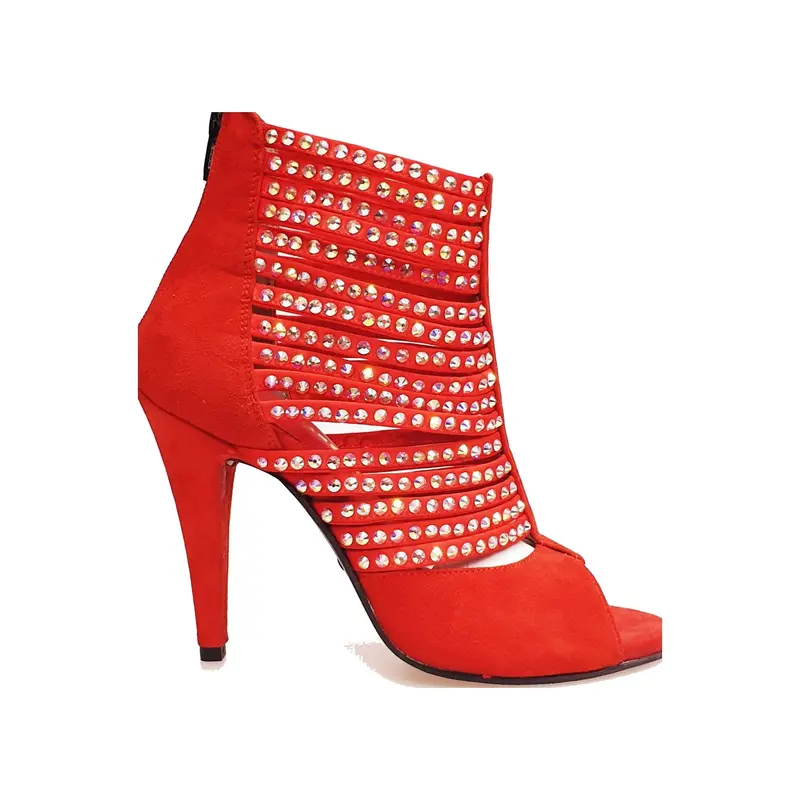 Elizabeth Plus - Sandalo da Ballo Salsa Donna a Tronchetto con zip nera in Camoscio Rosso e Swarovski Boreali