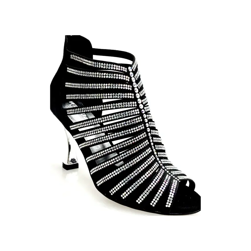 ELSY Plus (L7) - Sandalo a Tronchetto da Ballo Latino Americano Donna in Raso Seta Nero Con Swarovski Boreali e Tacco a Rocchetto Laminato Argento