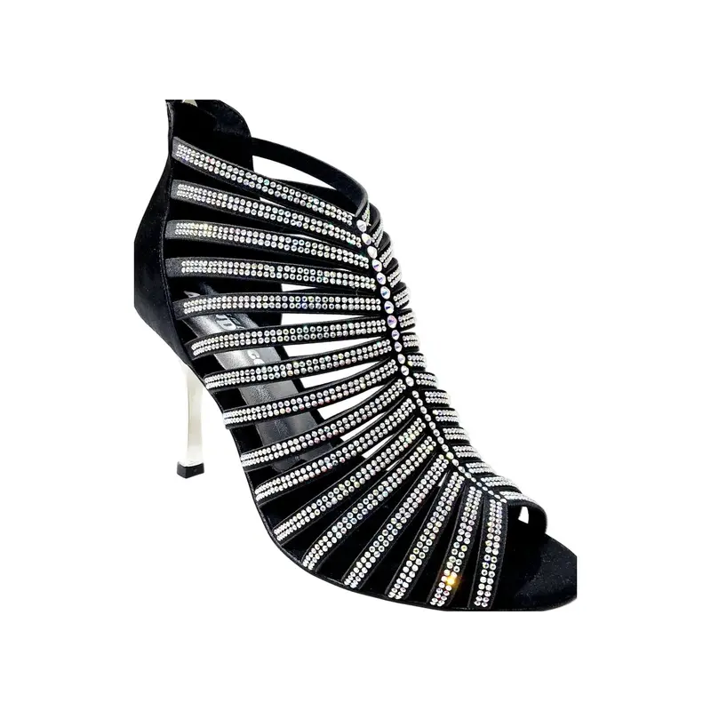 ELSY Plus (L7) - Sandalo a Tronchetto da Ballo Latino Americano Donna in Raso Seta Nero Con Swarovski Boreali e Tacco a Stiletto Squadrato Sottile Laminato Argento