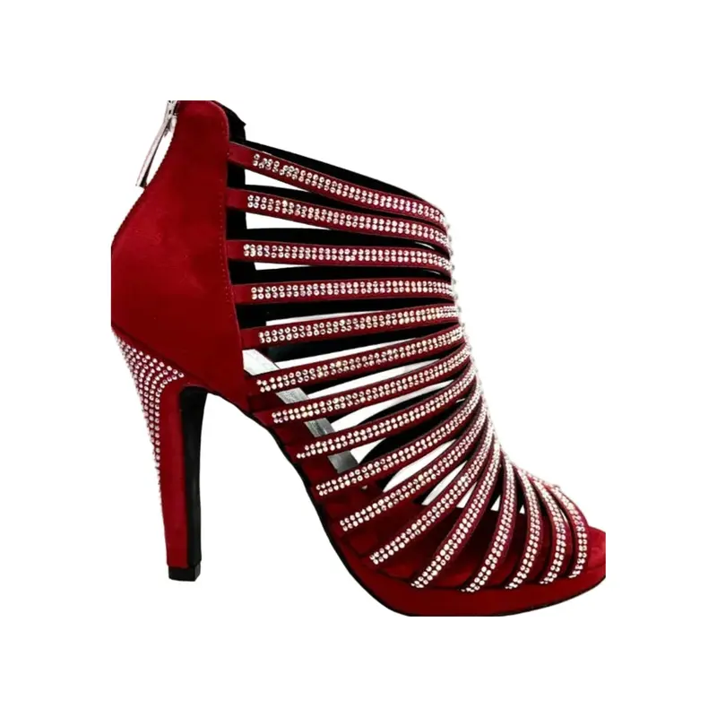ELSY Plus (LP7) - Sandalo a Tronchetto da Ballo Salsa Donna in Morbido Camoscio Rosso Con Swarovski Boreali con Plateau Flex e Tacco Alto a Spillo Largo