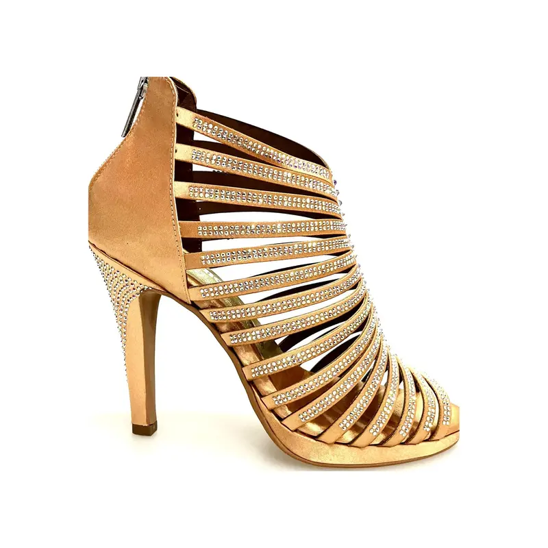 ELSY Plus (LP7) - Sandalo a Tronchetto da Ballo Salsa Donna in Raso Seta Carne Con Swarovski Boreali con Plateau Flex e Tacco Alto a Spillo Largo