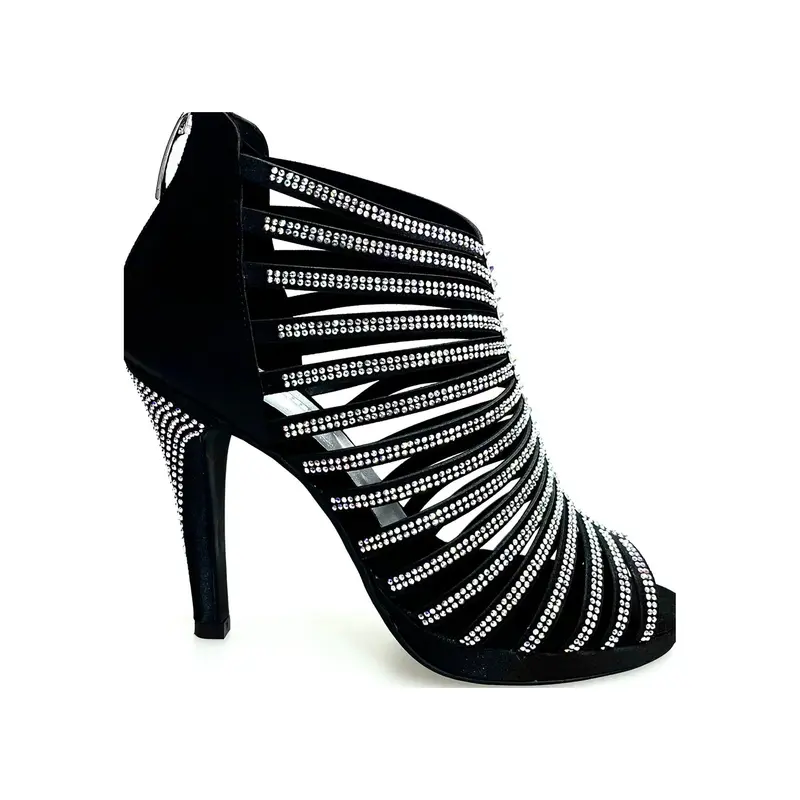 ELSY Plus (LP7) - Sandalo a Tronchetto da Ballo Salsa Donna in Raso Seta Nero Con Swarovski Boreali con Plateau Flex e Tacco Alto a Spillo Largo