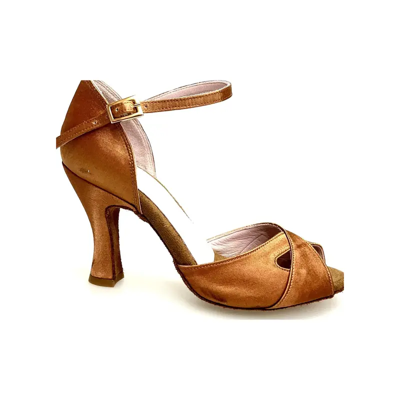 Ely QA (32QA) - Scarpa Basica da Ballo Latino Americano donna in Raso Bronzo con cinturino singolo alla caviglia e Tacco Rocchetto