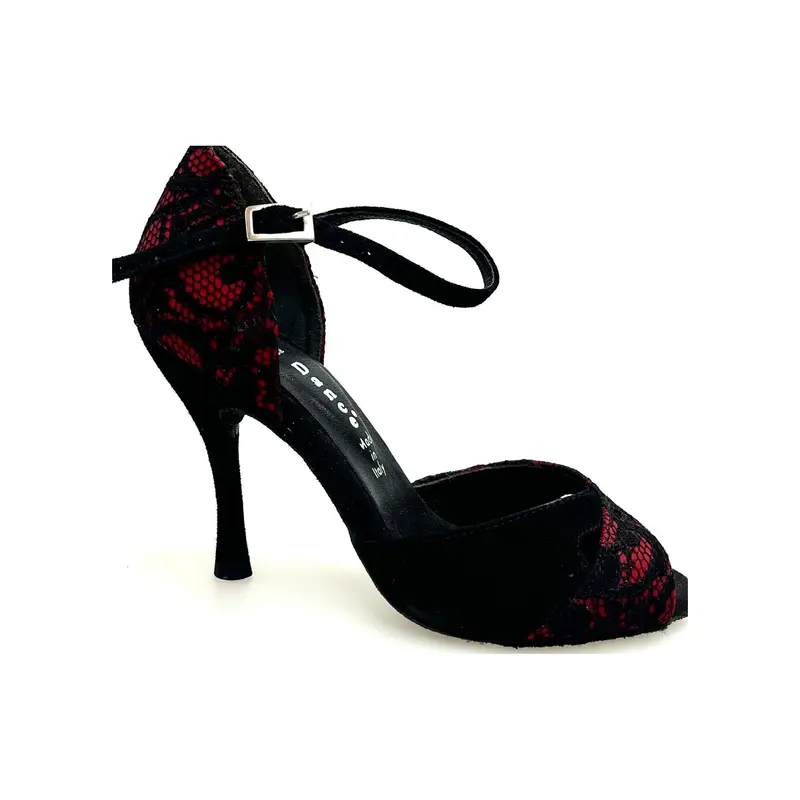 Ely QA (32QA) - Scarpa da Ballo Salsa Donna in Pizzo fiore Nero Base Raso Rosso e Camoscio Nero