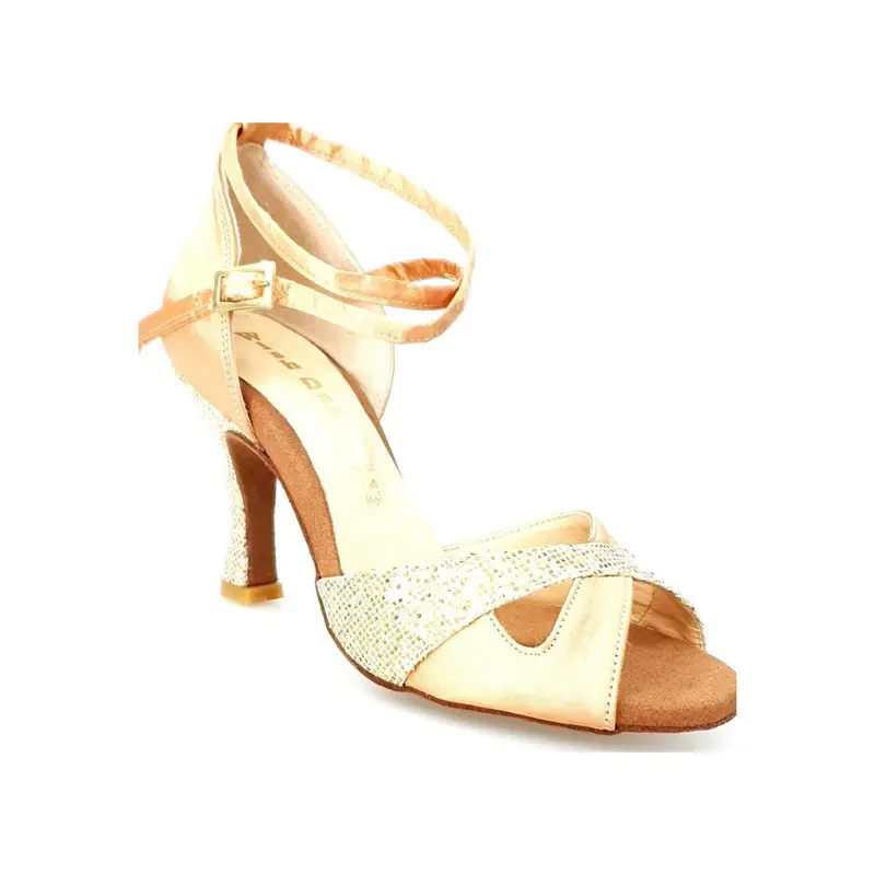 Ely QB (32QB) - Scarpa Basica da Ballo Latino Americano Donna in Raso Carne e Prisma Boreale Oro con Cinturino Doppio sulla Caviglia e Tacco Rocchetto