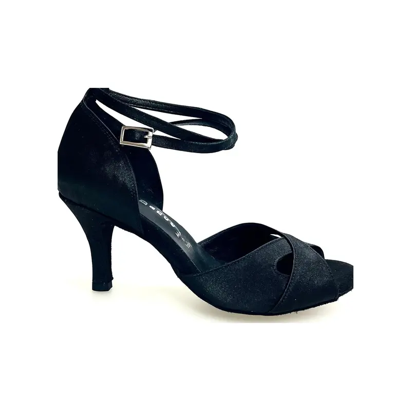 Ely QB (32QB) - Scarpa Basica da Ballo Latino Americano Donna in Raso Nero con Cinturino doppio sulla Caviglia co Tacco Spillo Largo