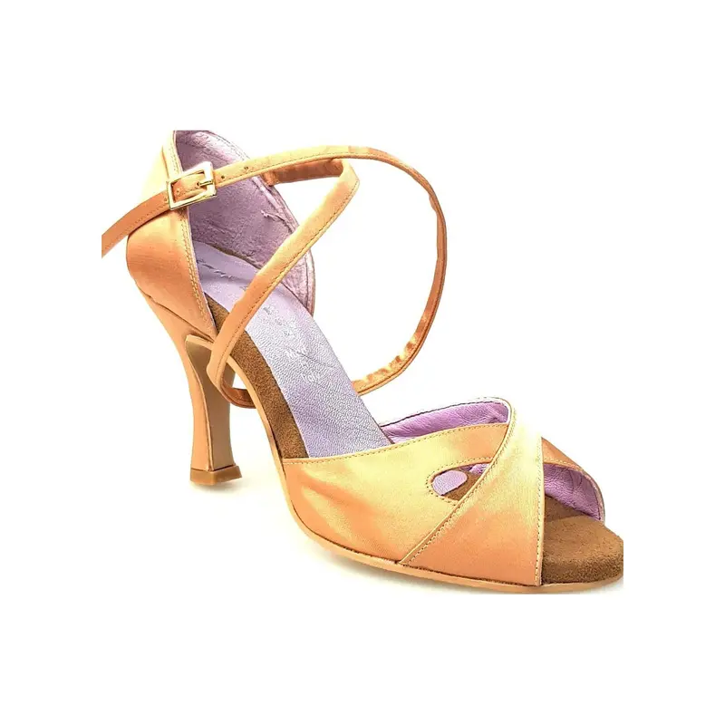 Ely QC (32QC) - Scarpa Basica da Ballo Latino Americano donna in Raso Carne e Cinturino Incrociato sul Collo Piede e Tacco Rocchetto