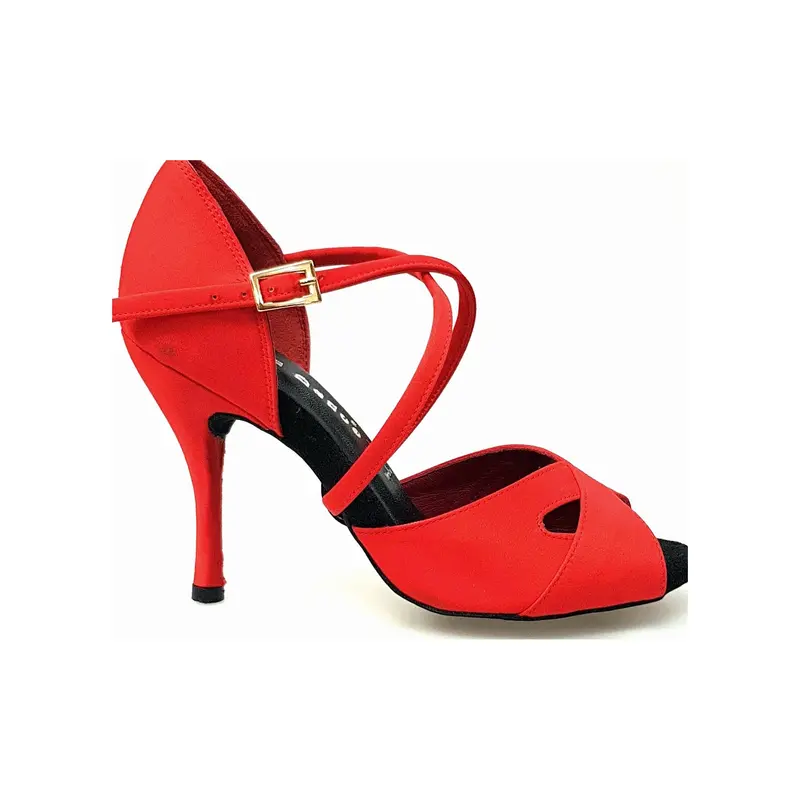 Ely QC (32QC) - Scarpa Basica da Ballo Latino Americano donna in Raso Seta Rosso con Cuscino memorex Cinturino Incrociato sul Collo Piede e Tacco a Spillo