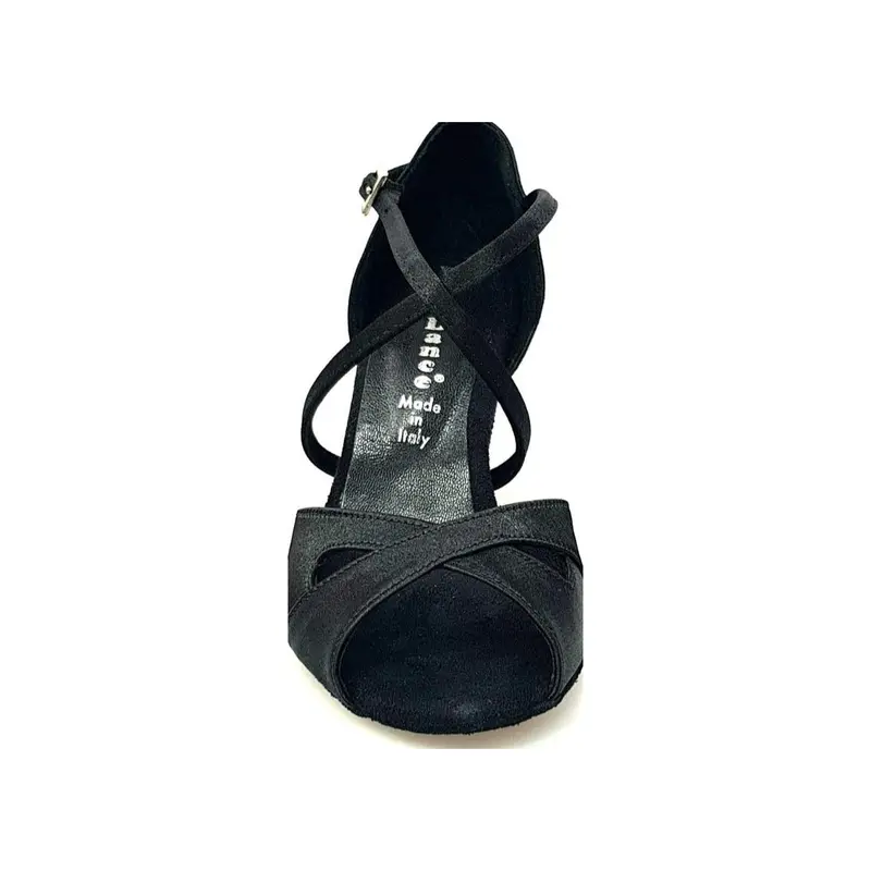 Ely QC (32QC) - Scarpa Basica da Ballo Salsa donna in Raso Seta Nero con Cuscino memorex e Cinturino incrociato sul Collopiede e Tacco a Rocchetto