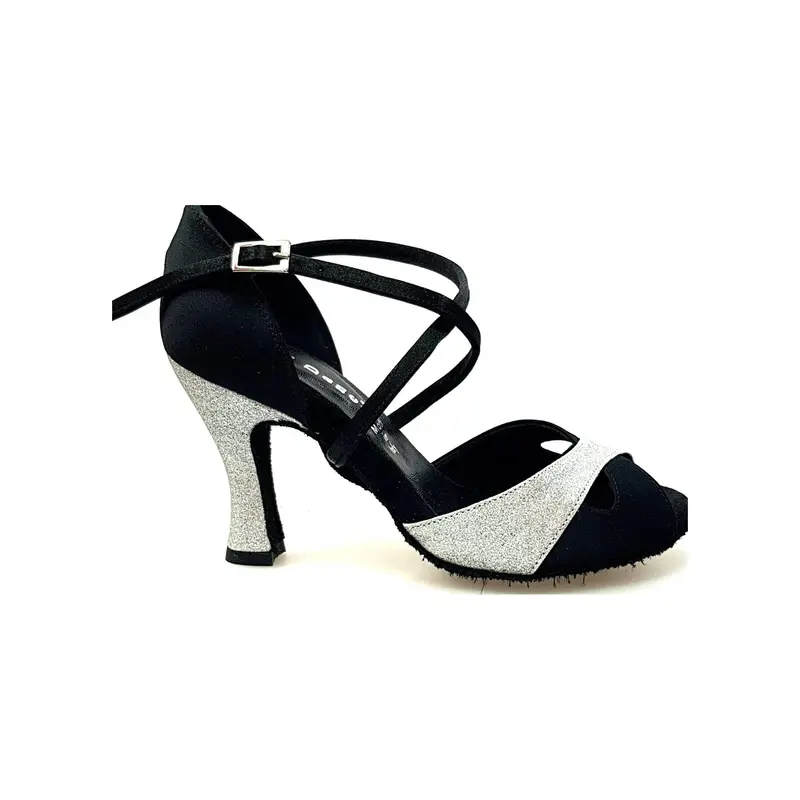 Ely QC (32QC) - Scarpa da Ballo Latino Americano donna in Raso Nero e Glitter Argento con Cinturino Incrociato sul collo Piede e Tacco Rocchetto