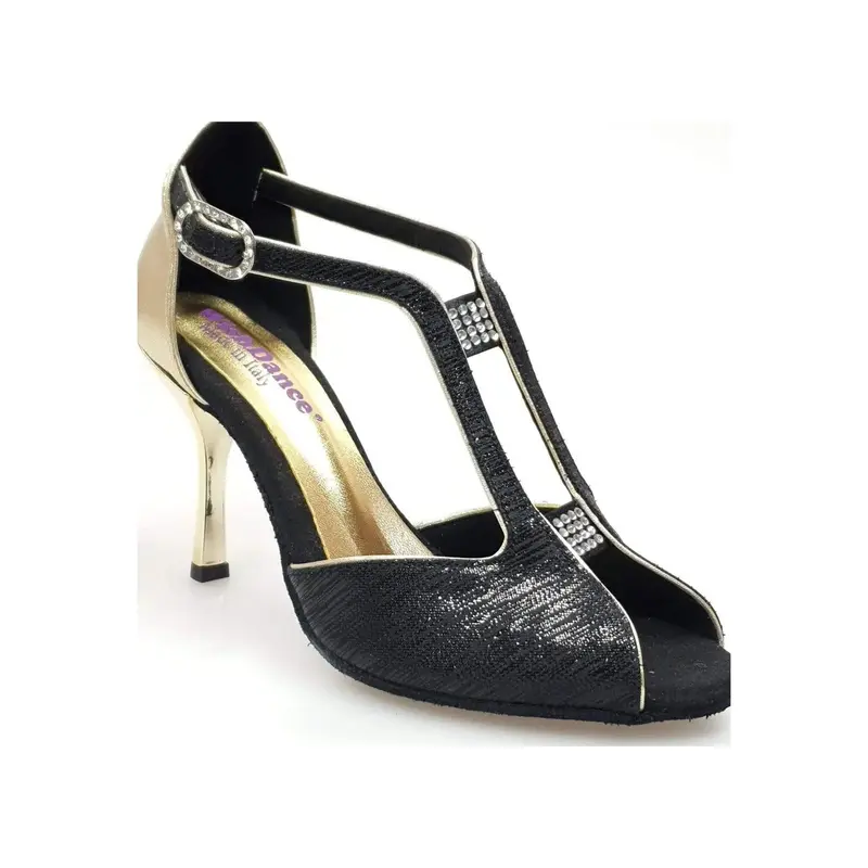 Fascino (401) - Scarpa da Ballo Salsa Donna in Sofia Nero e Lurex Oro