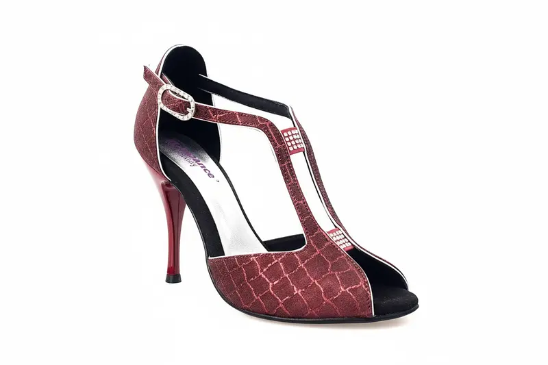 Fascino (401) - Scarpa da Ballo Salsa Donna in Sunseet Rosso con Profili in Lurex Argento Tacco a Spillo Smaltato Rosso