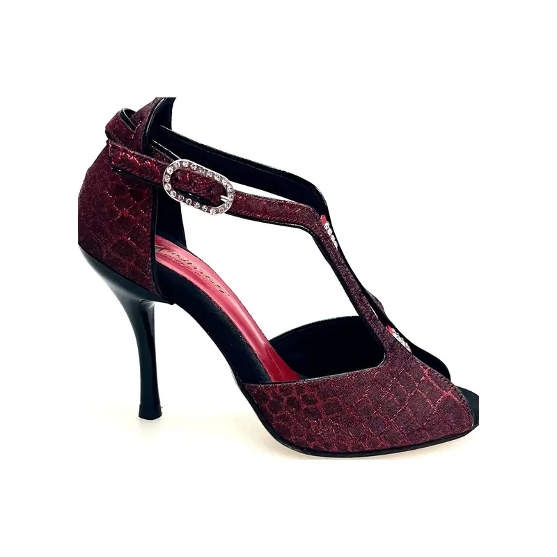 Fascino (401) - Scarpa da Ballo Salsa Donna in Sunseet Rosso Profili neri Tacco a Spillo Smaltato Nero