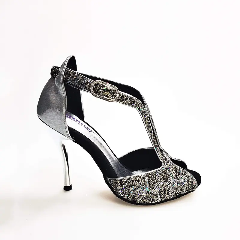 Fascino (401) - Scarpa da Ballo Salsa Donna in tessuto Lace e Lurex Argento