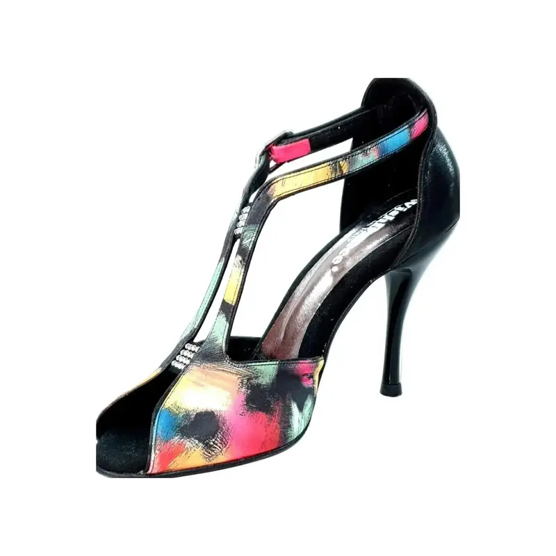 Fascino (401) - Scarpa da Ballo Salsa Donna in tessuto Picasso Nero e Tallone Lurex Nero con Tacco a Spillo Smaltato Nero
