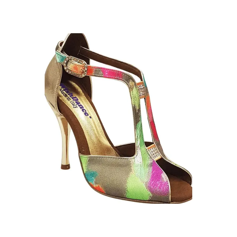 Fascino (401) - Scarpa da Ballo Salsa Donna in tessuto Picasso Verde e Tallone in Lurex Oro con Tacco a Spillo Laminato Oro