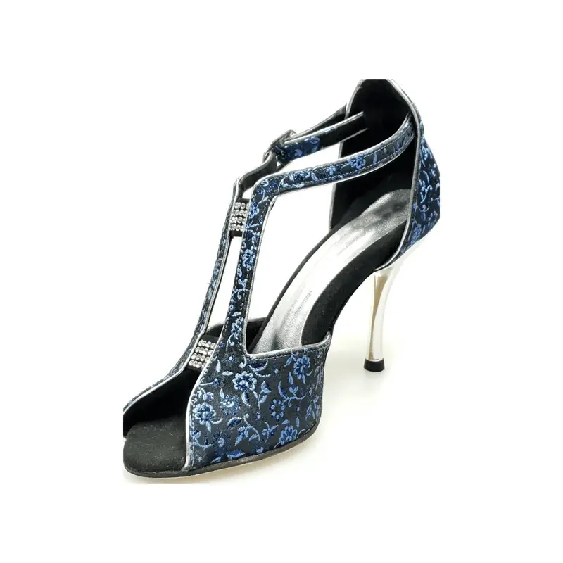 Fascino (401) - Scarpa da Ballo Salsa Donna in Tessuto Veneziano Fiorato Blu Tacco a Spillo Laminato Argento
