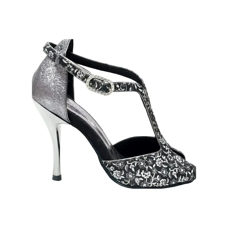 Fascino (401) - Scarpa da Ballo Salsa Donna in Tessuto Veneziano Fiorato Silver e Tallone in Glitter CDF
