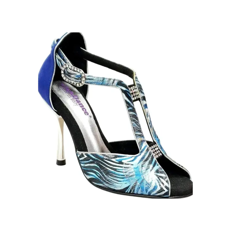 Fascino (401) - Scarpa da Ballo Tango Donna in Jungla Blu e tallone in Camoscio Blu Tacco a Spillo Laminato Argento