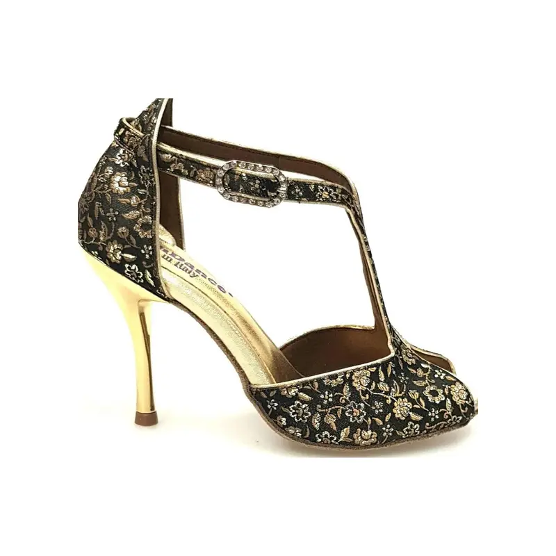 Fascino (401) - Scarpa da Ballo Tango Donna in Tessuto Veneziano Fiorato Oro