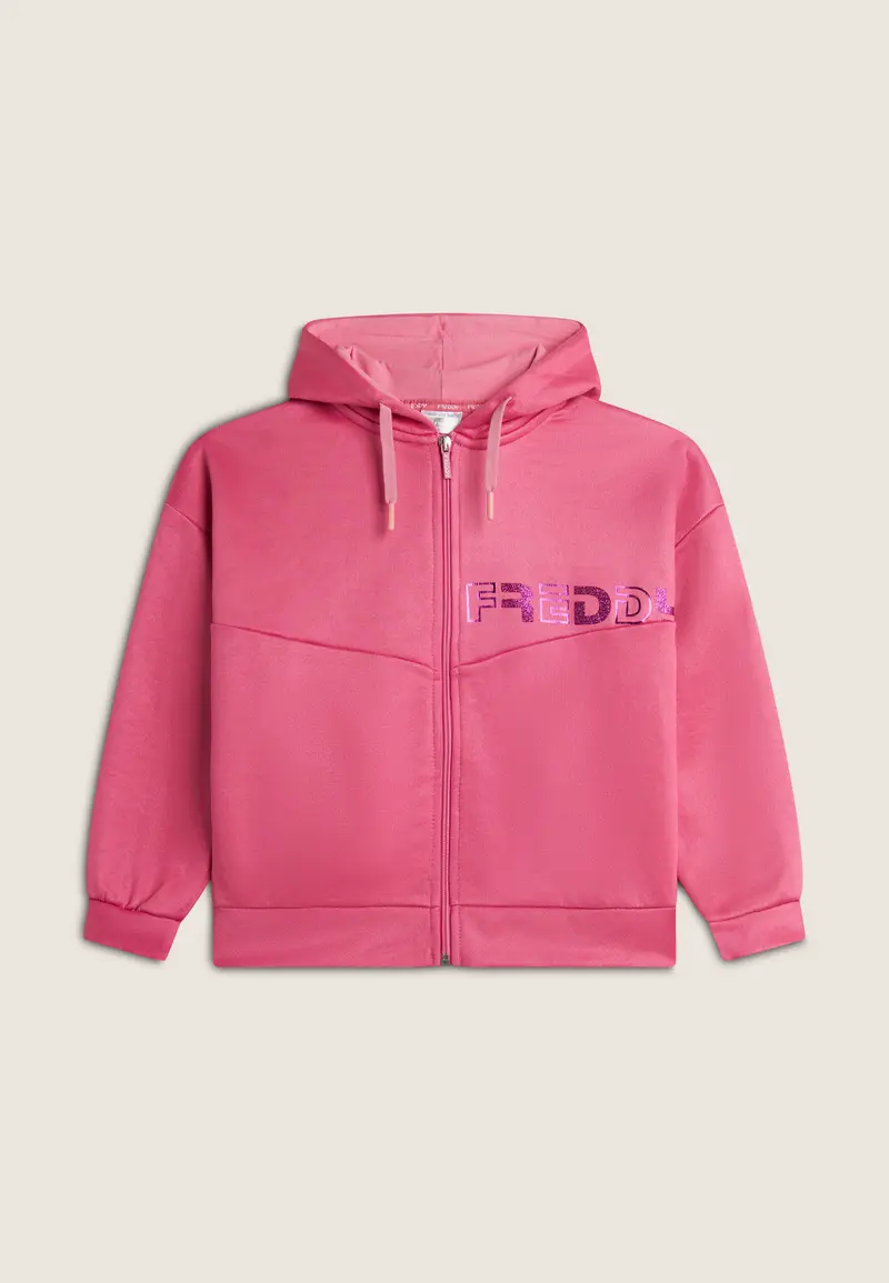 Felpa Bambina con Zip e Cappuccio e Logo Glitter