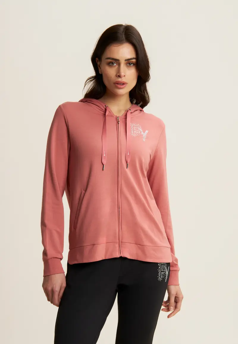 Felpa Cappuccio e Zip con Logo FY in Strass