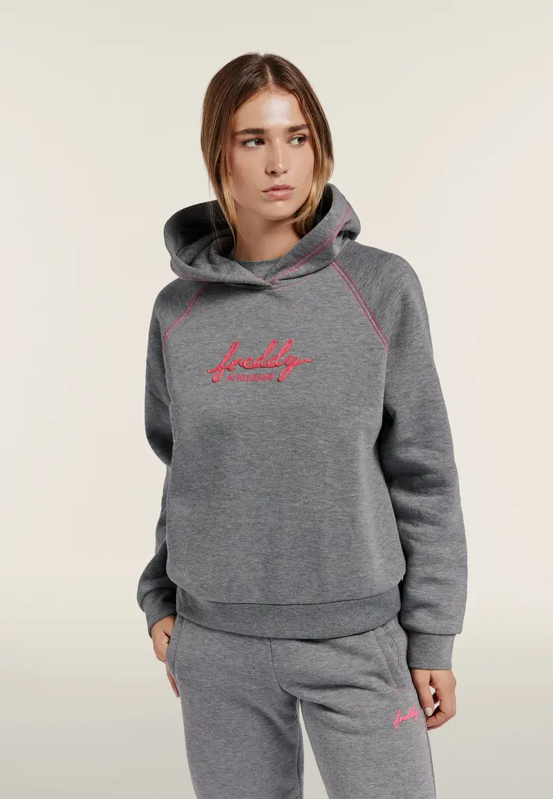 Felpa Comfort Mélange da Donna con Cappuccio e Ricamo Fluo