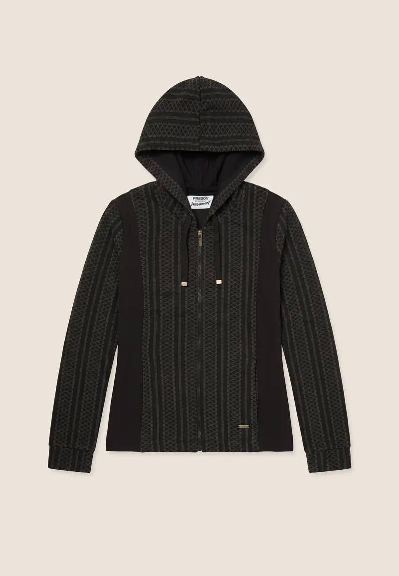 Felpa con cappuccio e full zip in trama geometrica