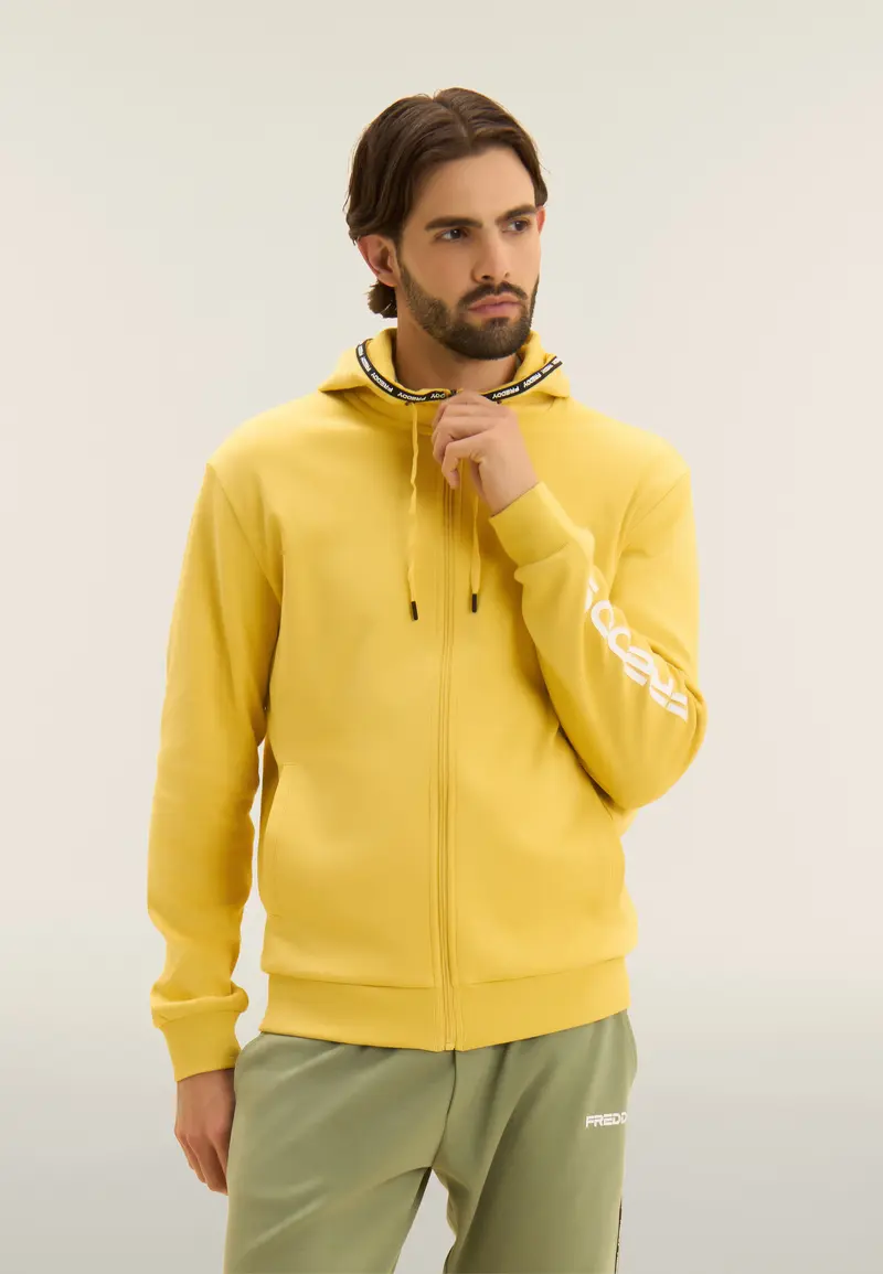 Felpa con cappuccio e zip in cotone interlock