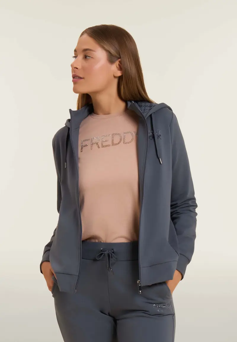 Felpa con cappuccio foderato fantasia e zip frontale