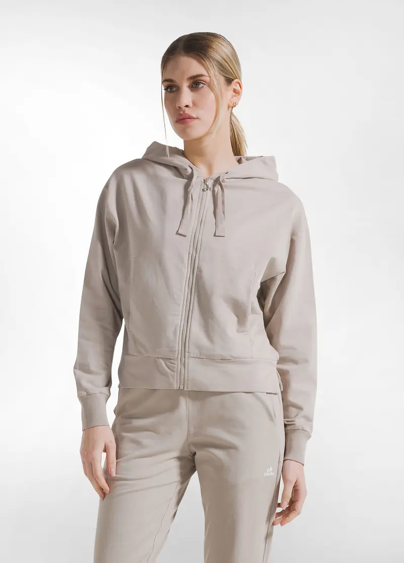 FELPA CON CAPPUCCIO FULL-ZIP IN TESSUTO STRETCH BEIGE