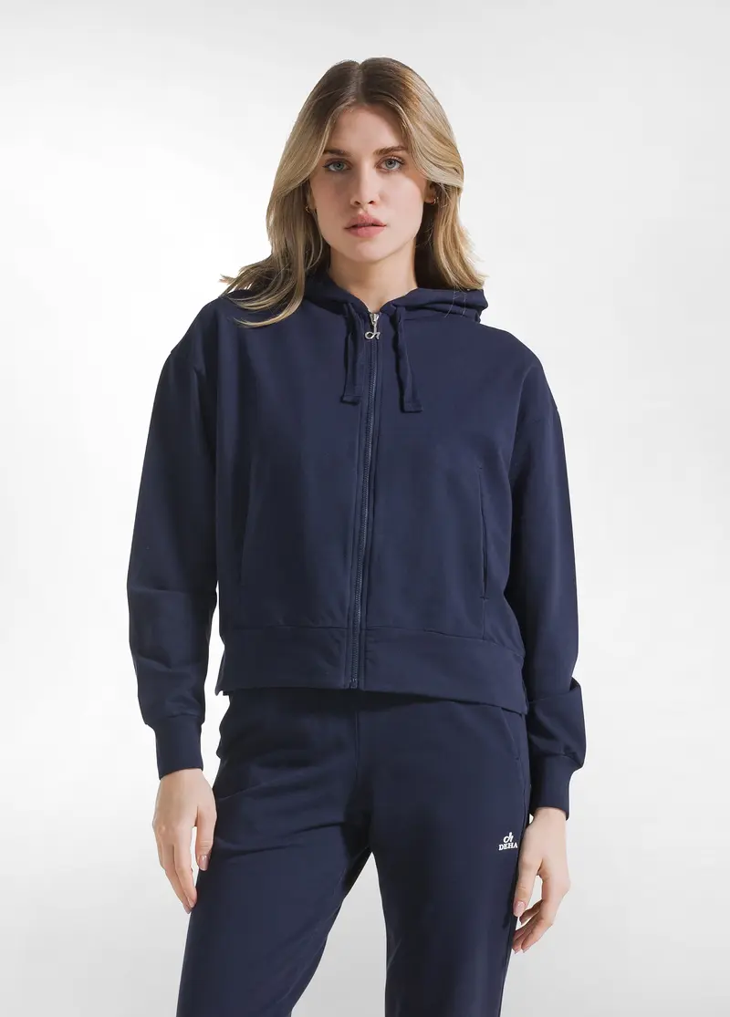 FELPA CON CAPPUCCIO FULL-ZIP IN TESSUTO STRETCH BLU