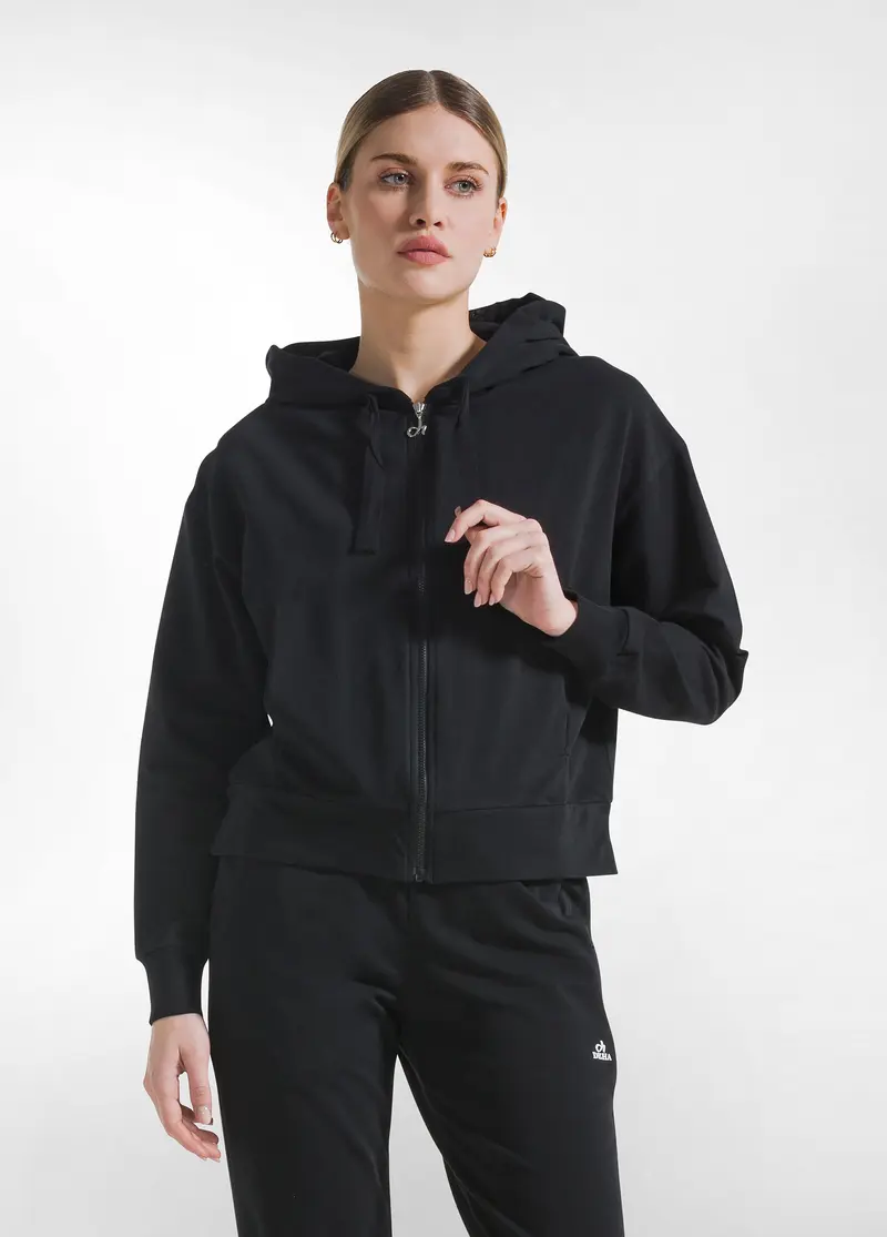 FELPA CON CAPPUCCIO FULL-ZIP IN TESSUTO STRETCH NERO