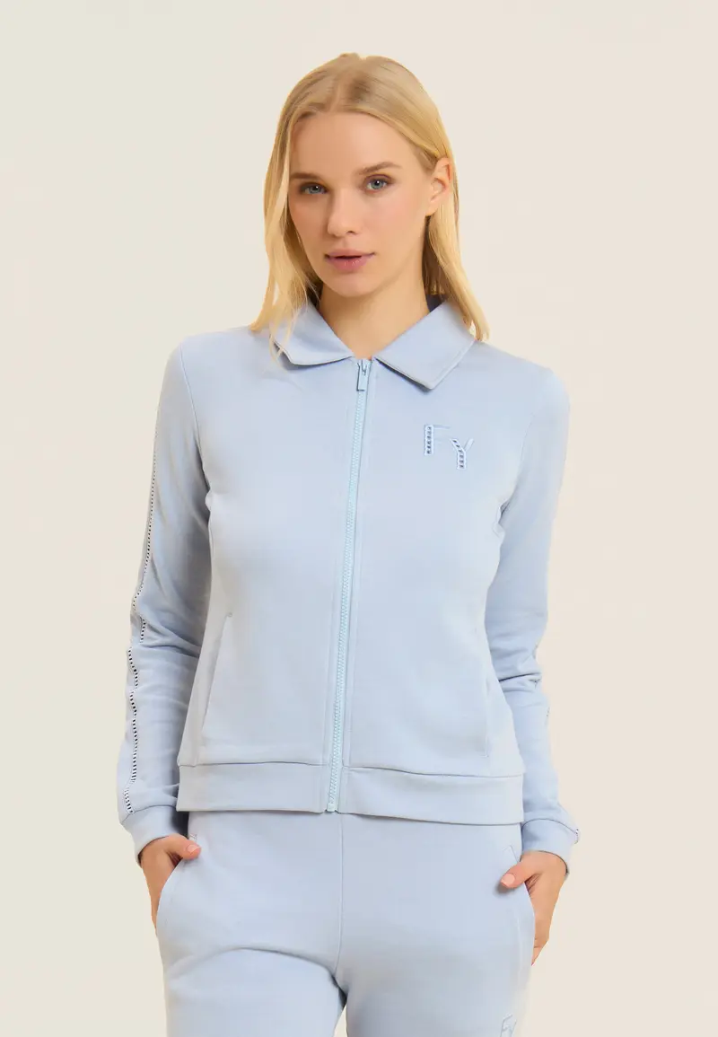 Felpa con Collo a Camicia, Zip e Dettagli Ricamati